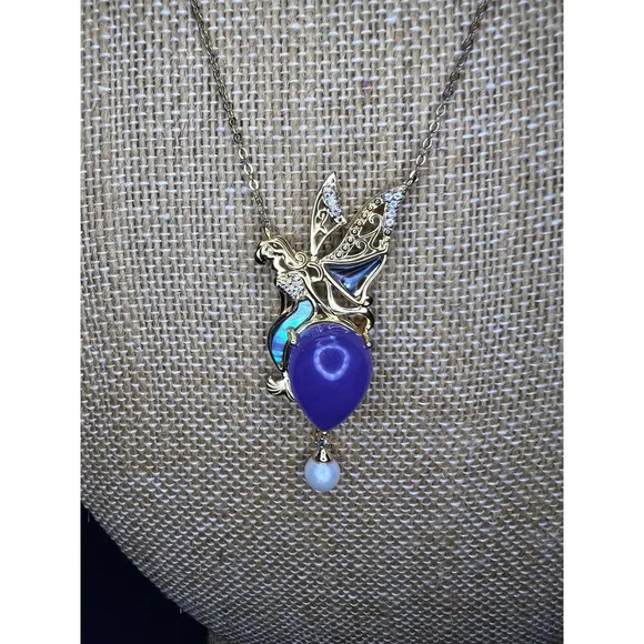 Fairy mermaid jadeite abalone and pearl pendant and chain in gold over sterling - Picture 8 of 11